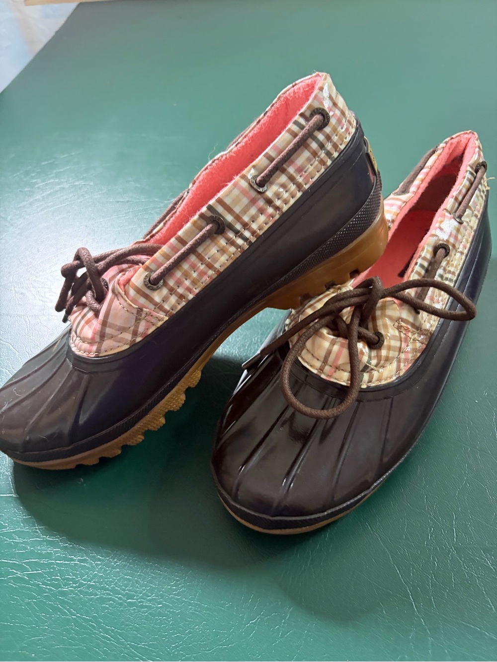 Sperry Women’s Duck-Style Rain Shoes in Brown with Plaid Trim